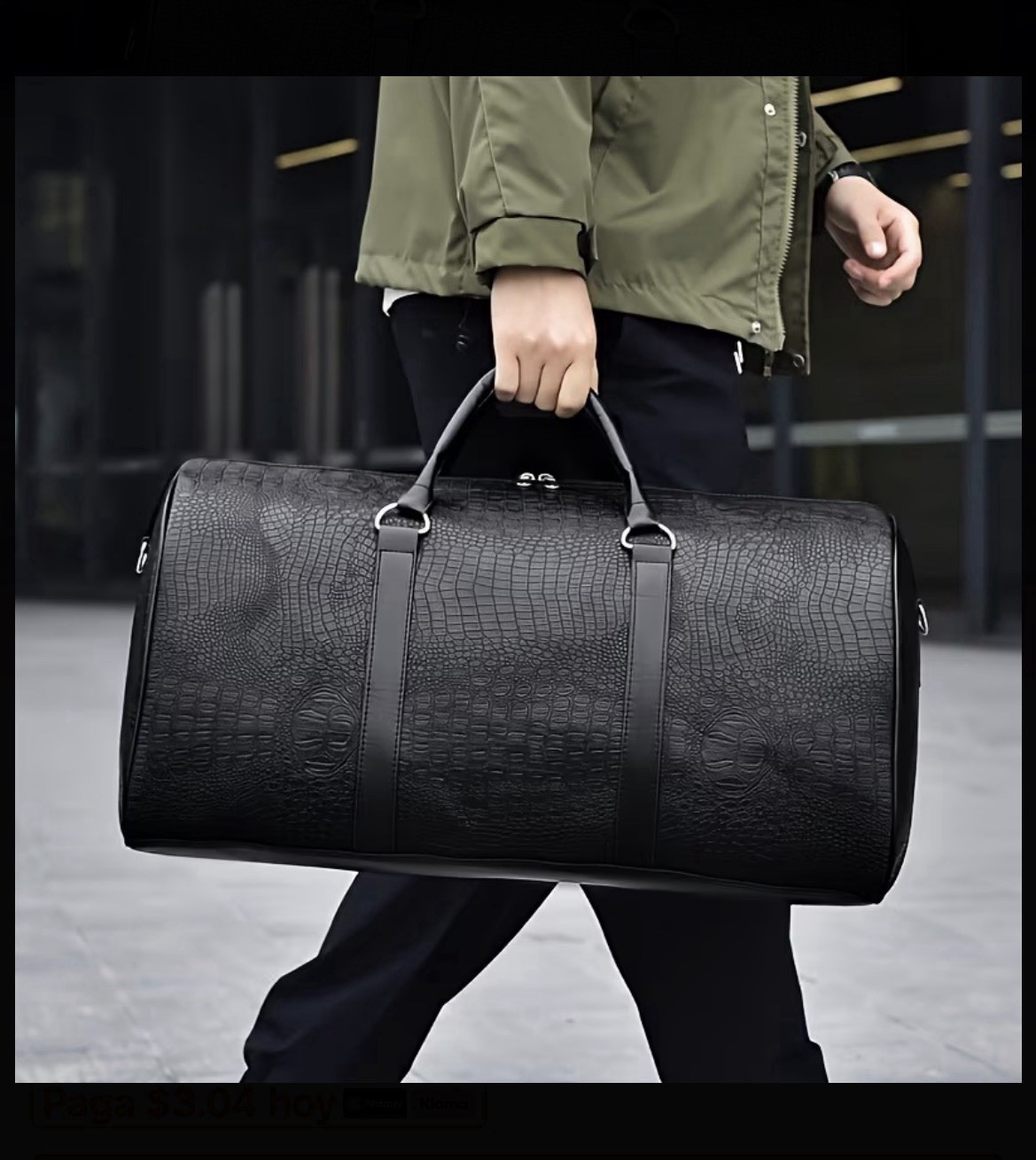 Large Men’s Black Crocodile Pattern Duffle Bag with Adjustable Strap