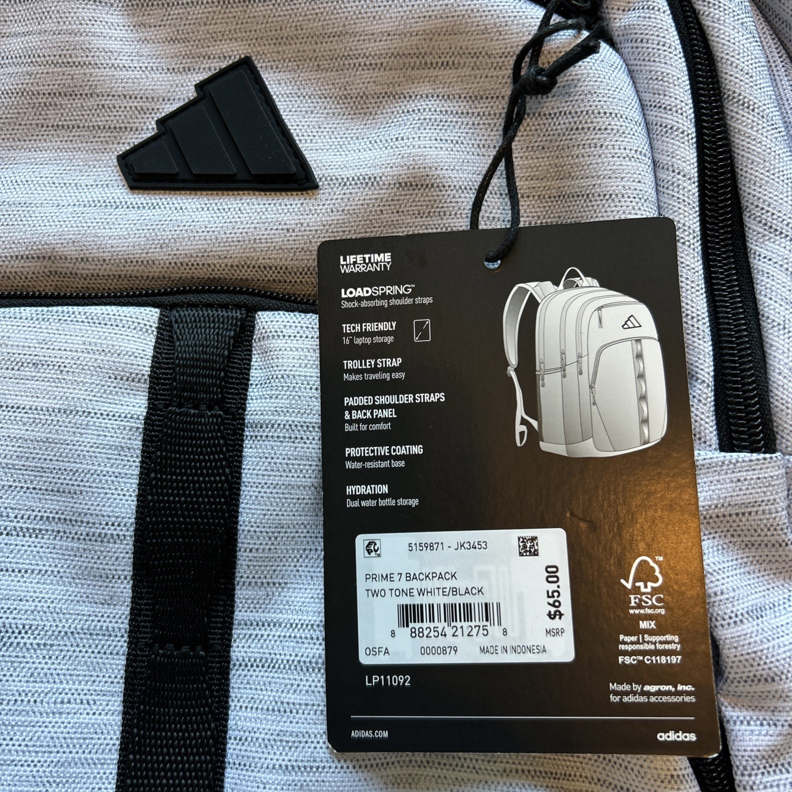 Adidas Prime 7 Backpack White Black fits 17″ Laptop Zippered Holds 32 oz Bottles