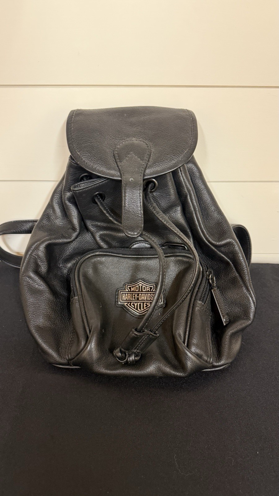 Harley-Davidson Black Drawstring Backpack w/ Buckle Zip, Pockets, Biker