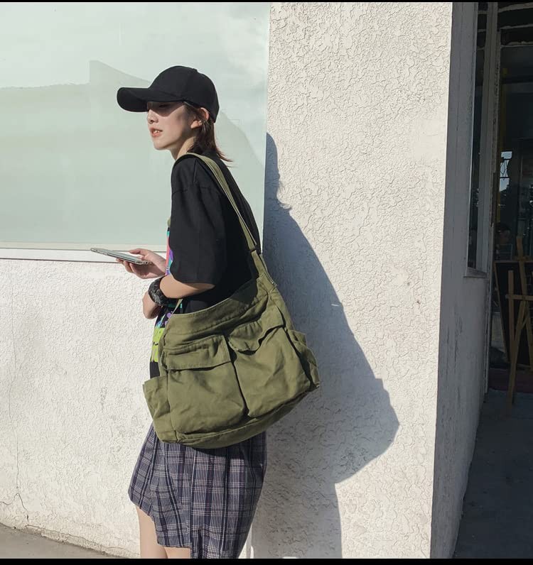 Canvas Messenger Bag Large Crossbody with Multiple Pockets Large, Green