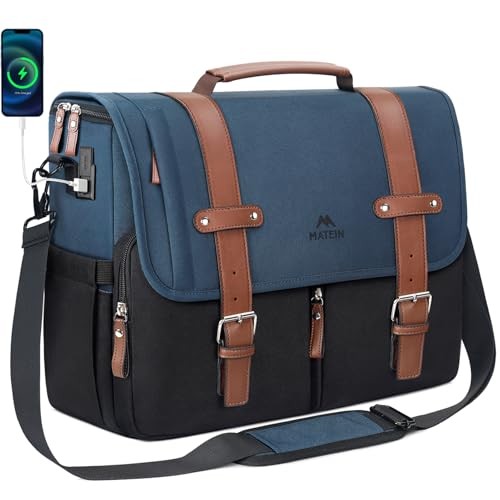 Messenger Bag for School with USB Charging Port, Large Crossbody Black-blue