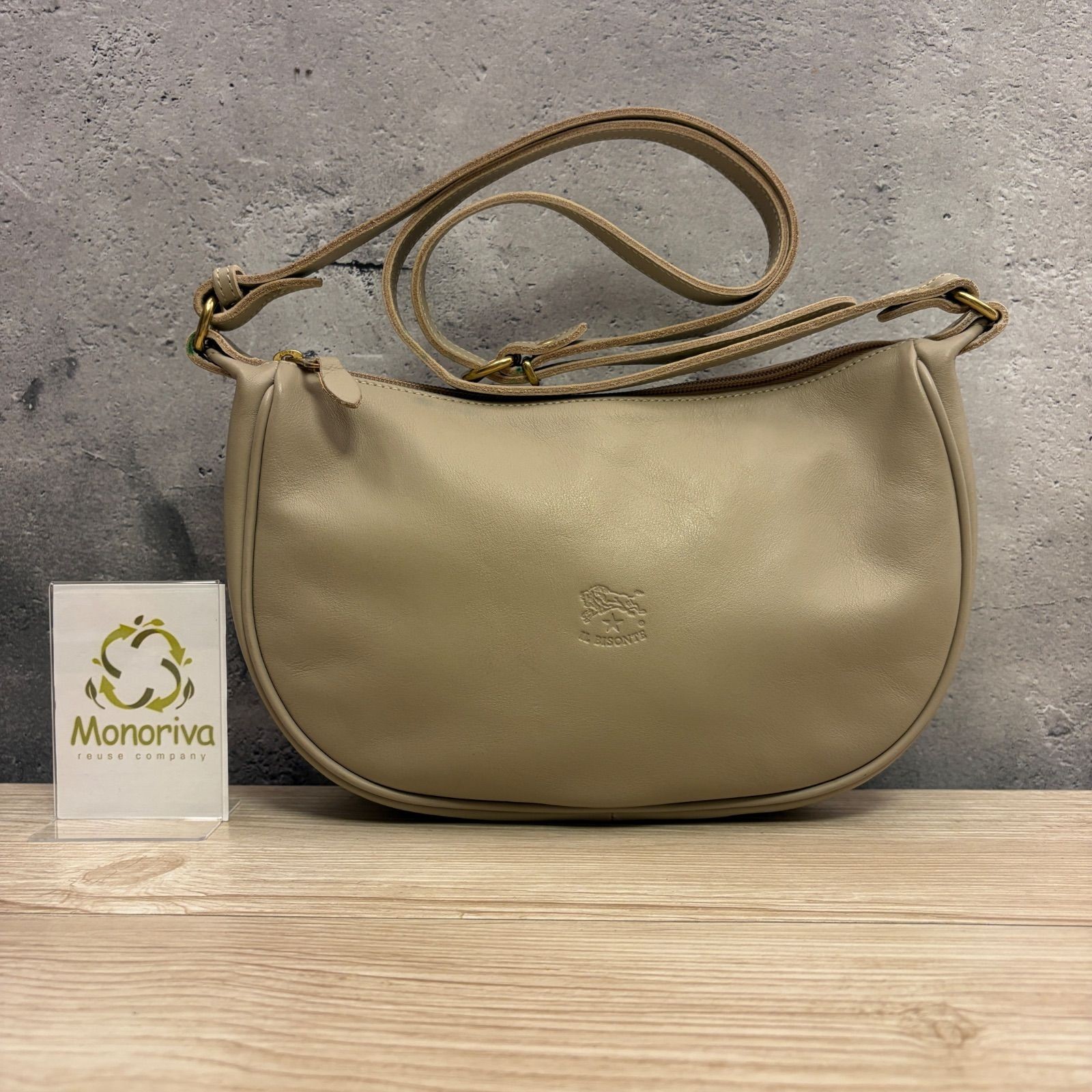 IL BISONTE Half Moon Shoulder Bag Leather Gray Beige Pre-owned Authentic