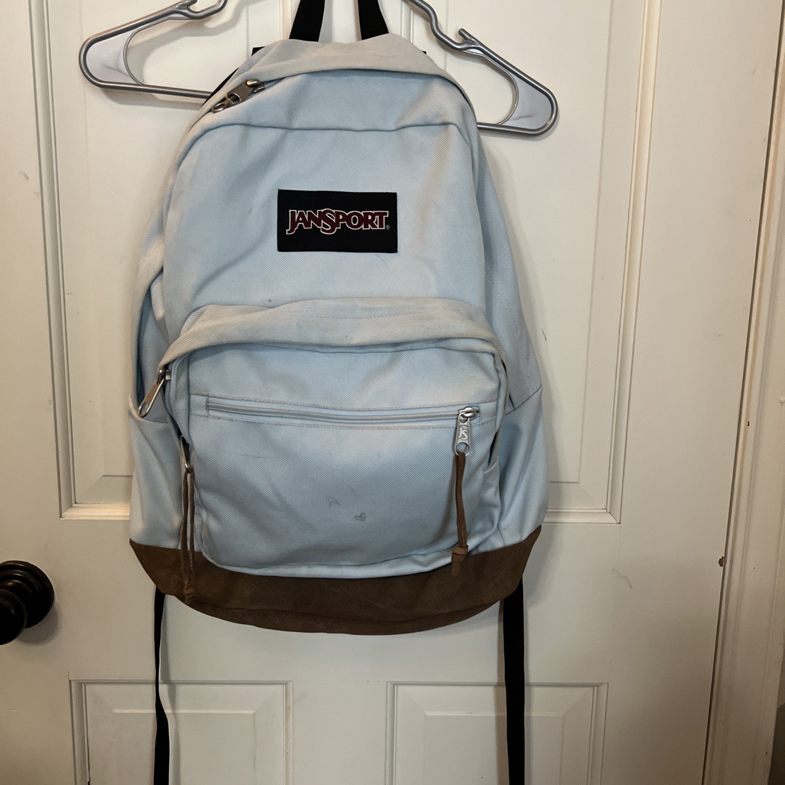 Jansport Backpack light Blue Brown Suede Leather Bottom 37 L Made in USA 17x13x5