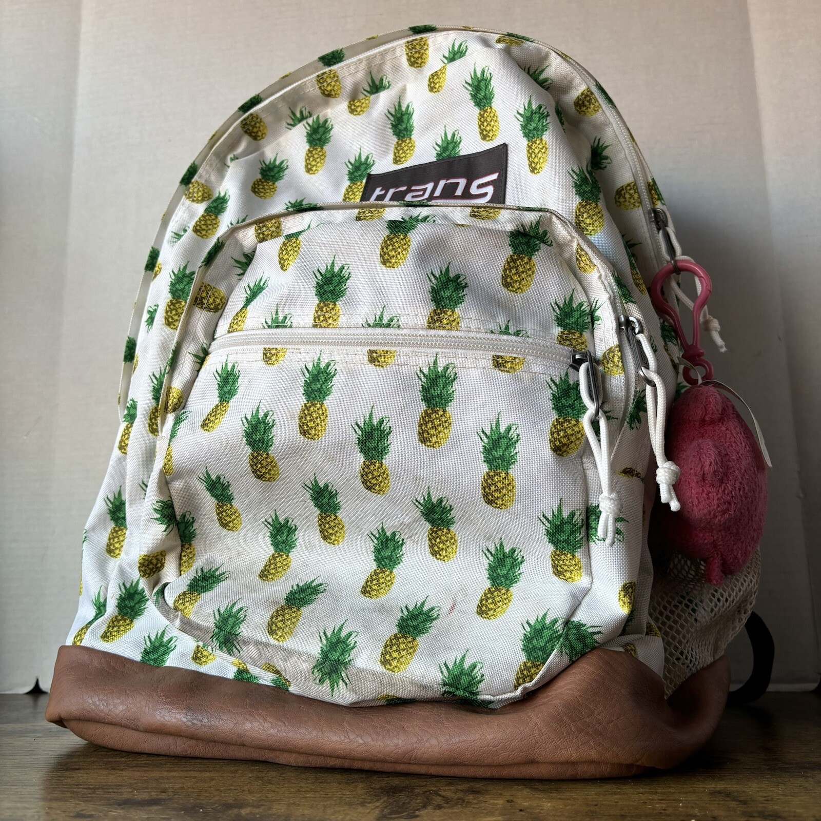 Trans By Jansport Backpack Large Yellow Pineapple Brown Leather Bottom 4 Zippers