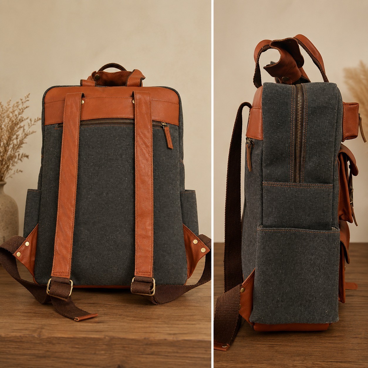 Durable Canvas & Leather Rucksack 18″ Multi-Pocket Travel Shoulder Backpack