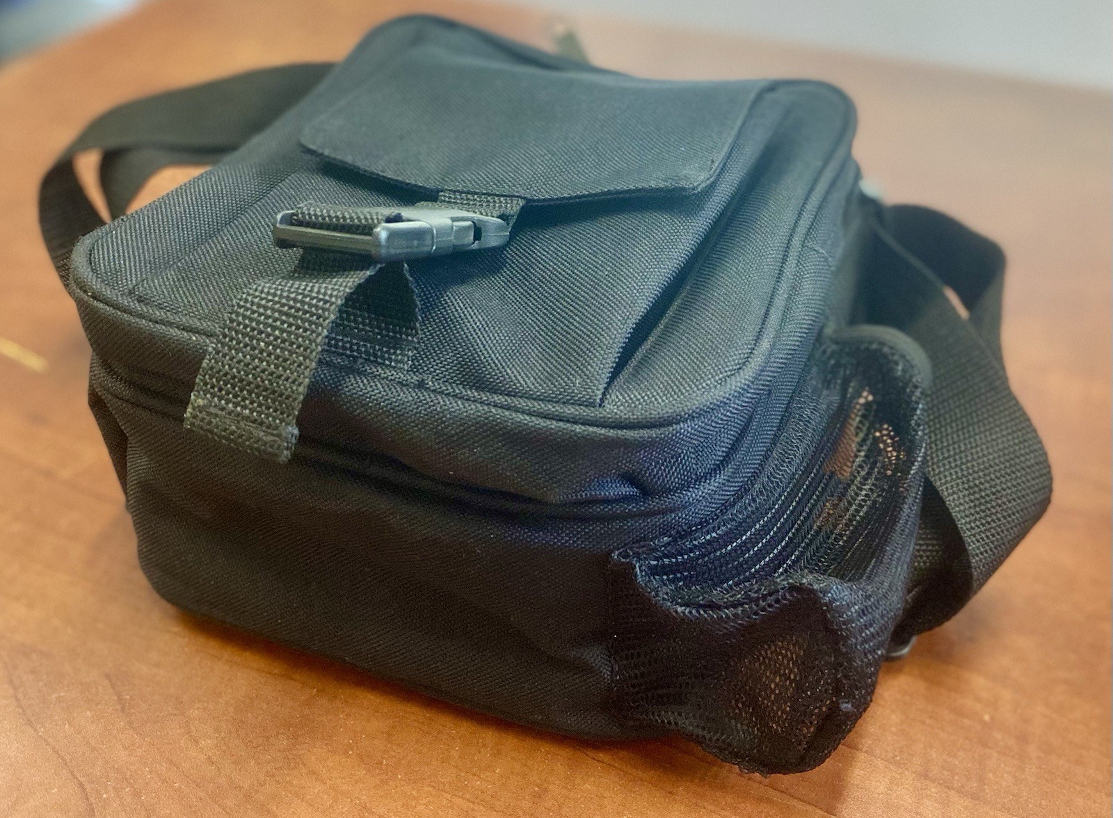 Black Polyester Crossbody Travel Medium Organizer With 2-ways Adjustable Strap.