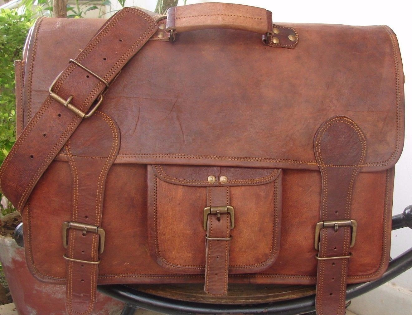 Office,Briefcase Bag 45 Cm Men’s Genuine Brown Leather Messenger Shoulder Laptop