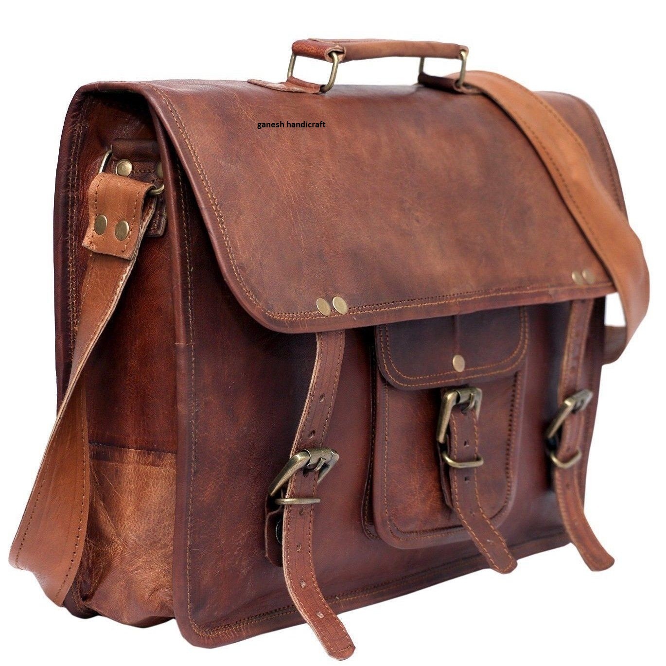 New Big Messenger Bag Men’s Genuine Brown Leather Shoulder Laptop Briefcase