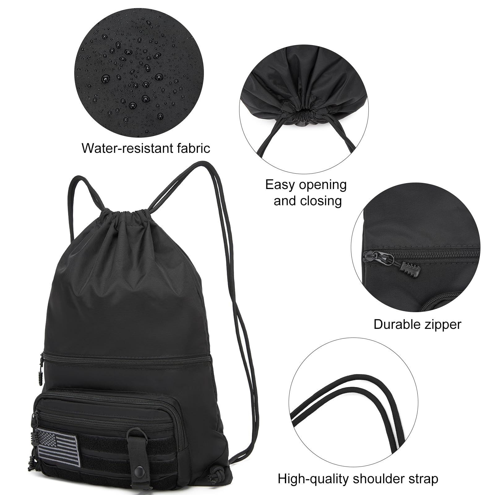 Drawstring Backpack Tactical String Bag with Zipper Pockets Waterproof Cinch …