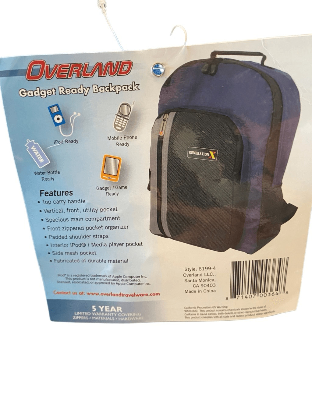Overland Generation X Backpack Blue New With Tags School Hiking Laptop Bag