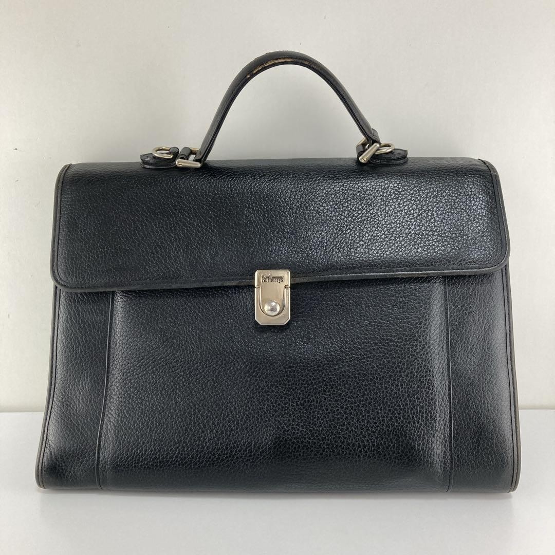 Authentic Vintage Burberry Black Leather Briefcase with Nova Check Interior, Siz