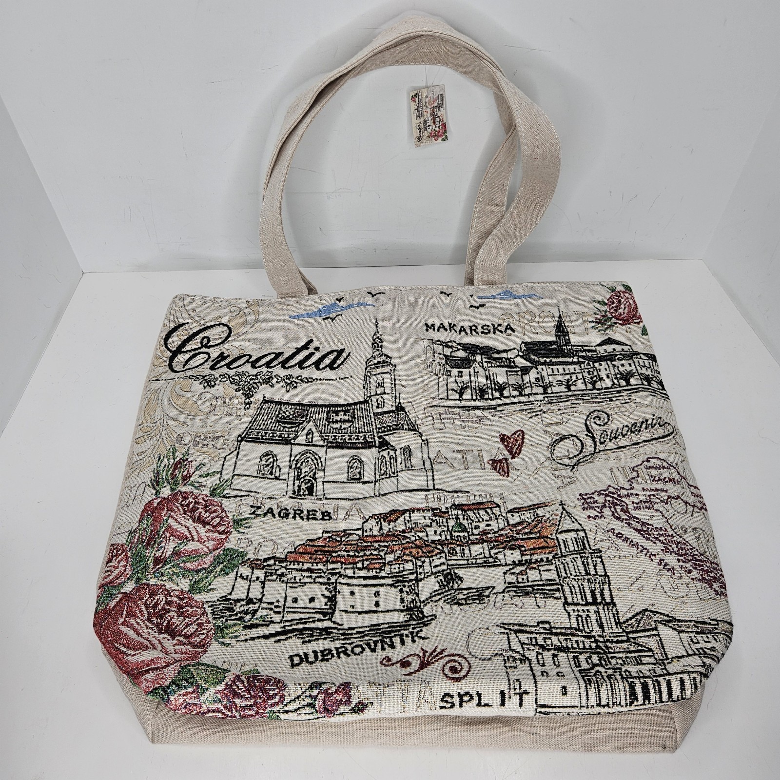 Croatian Canvas Embroidered Travel Tote Bag Travel Stamp European Zipper Pocket