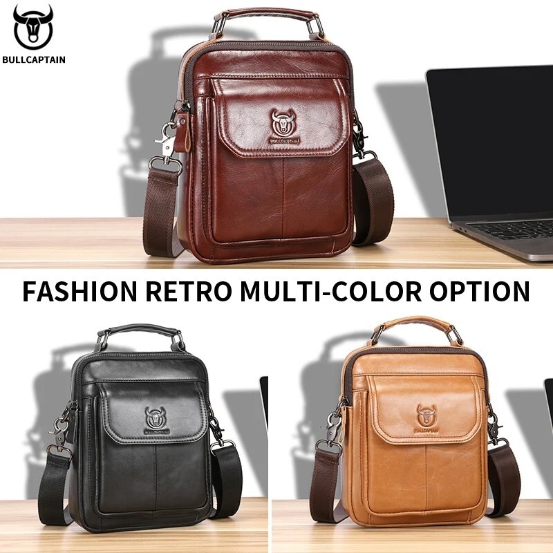 BULLCAPTAIN Men’s Leather Shoulder Bag 7.9″ Handbag Retro Casual Crossbody Bag