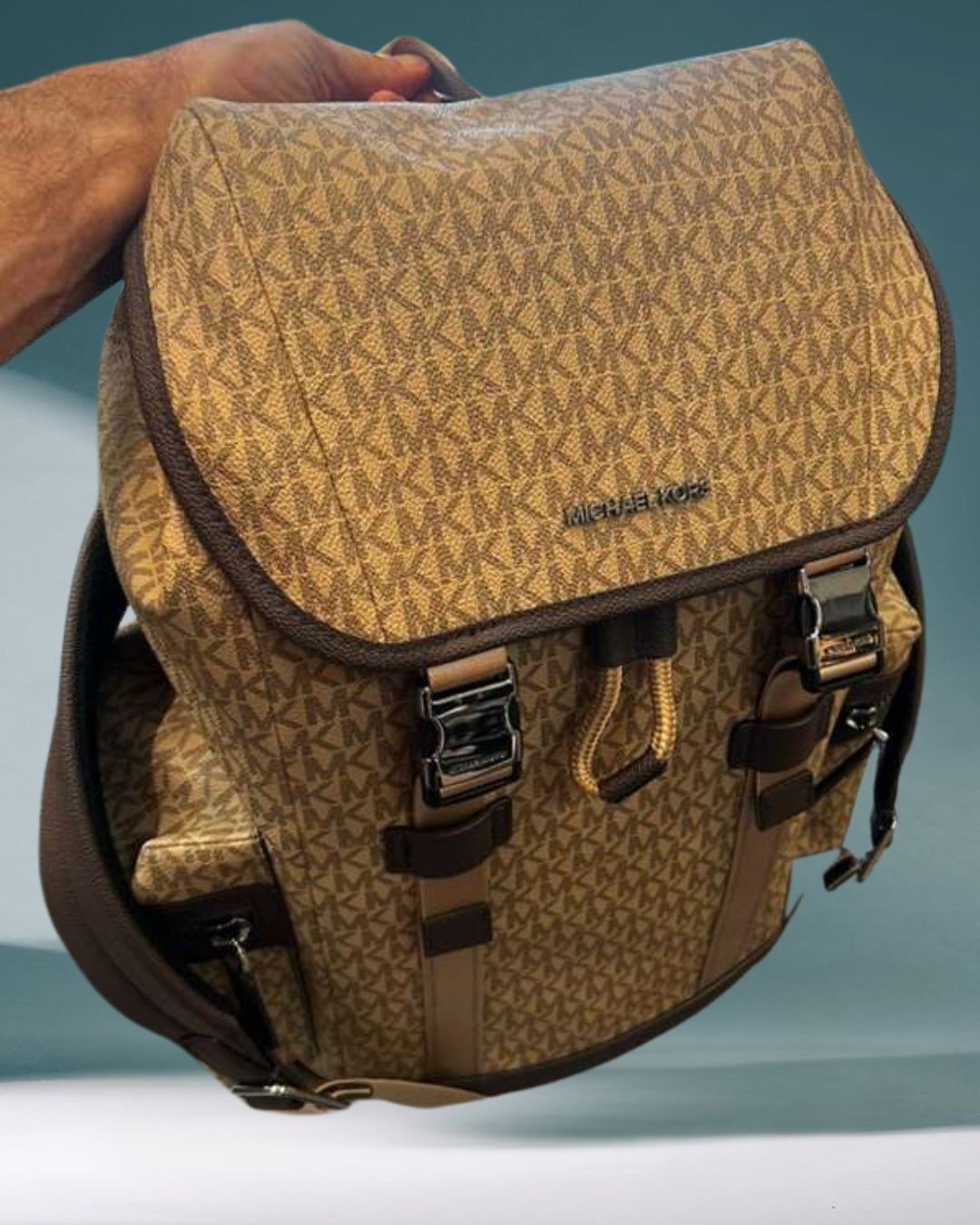 Michael Kors Cooper Men MK Logo Print Canvas Travel School Pocket Backpack Camel
