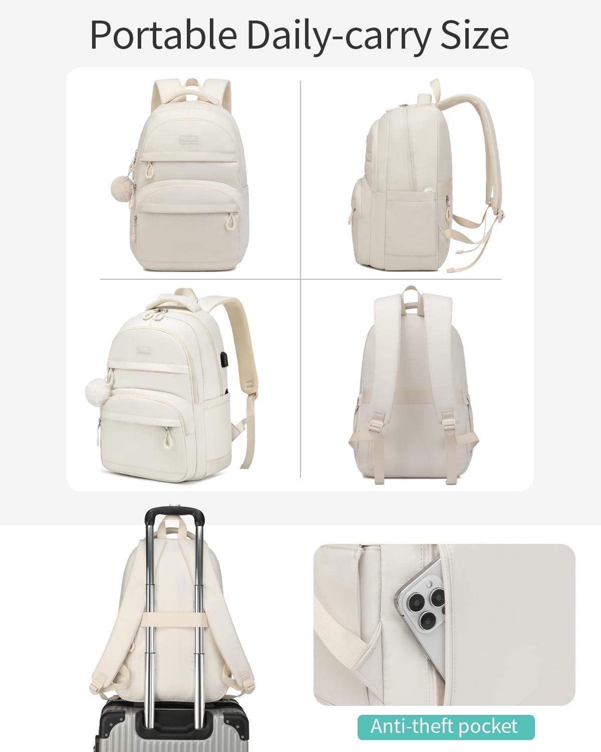 Girl Backpack School Solid Bag Middle High 15.6 In Laptop USB Charging Beige