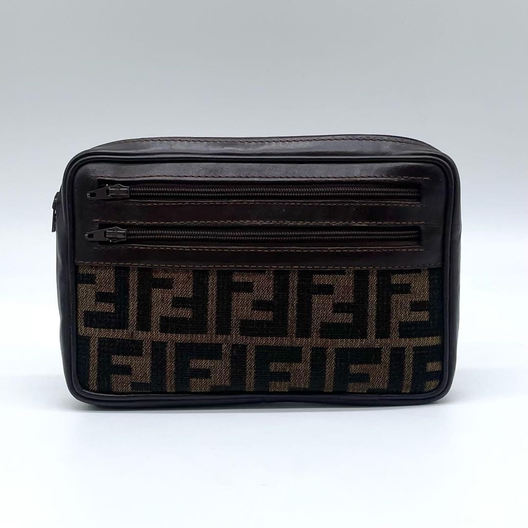 FENDI Zucca Print Logo All-over Monogram Pouch Purse Canvas Leather Dark Brown