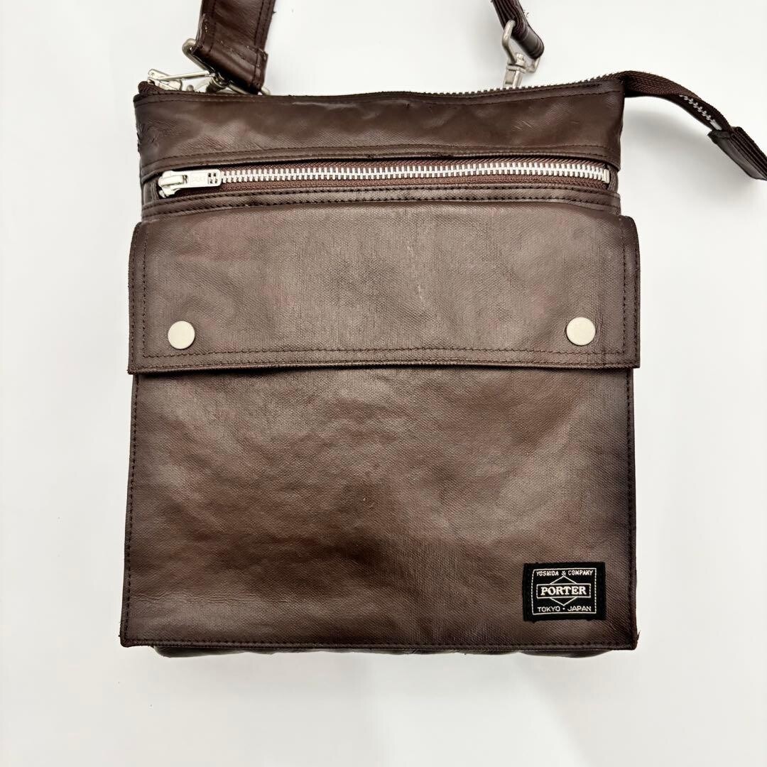 Porter Freestyle Brown Leather Shoulder Bag Zip Crossbody Japan 26x22cm B