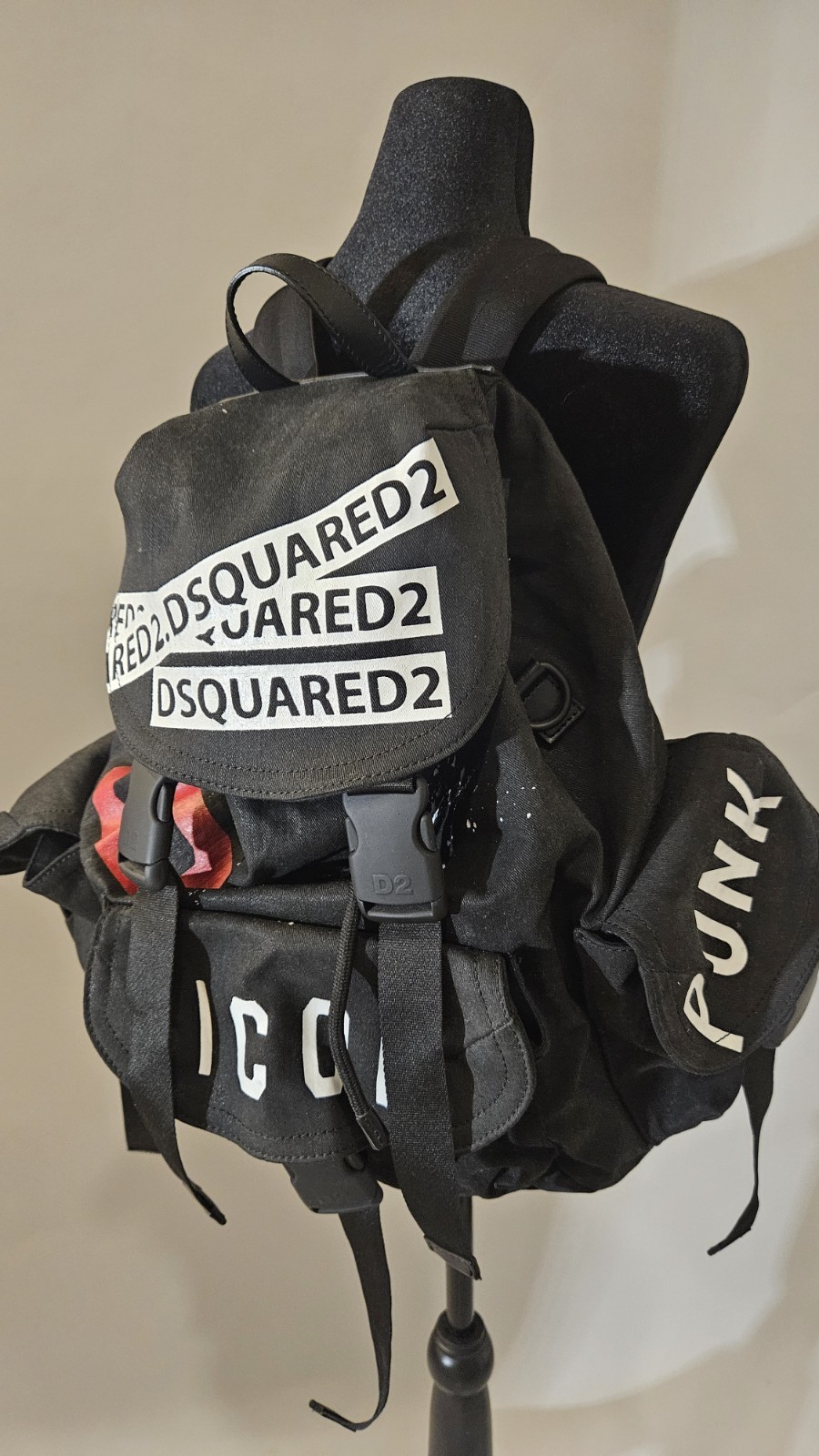 DSQUARED2 Black Graphic Print Backpack Buckle Drawstring, Adjustable Strap
