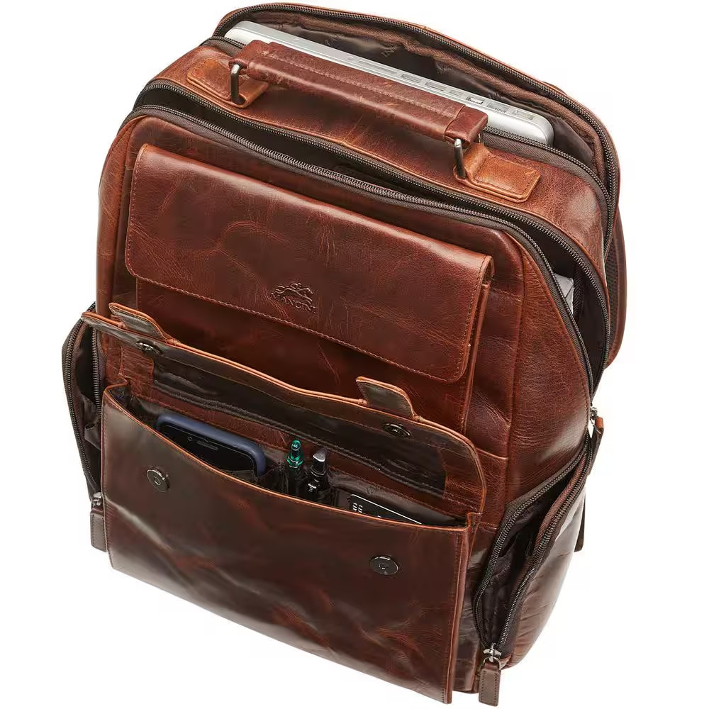 Buffalo Collection 13 In. L X 7 In. D X 16 In. H Brown Leather Backpack with RFI