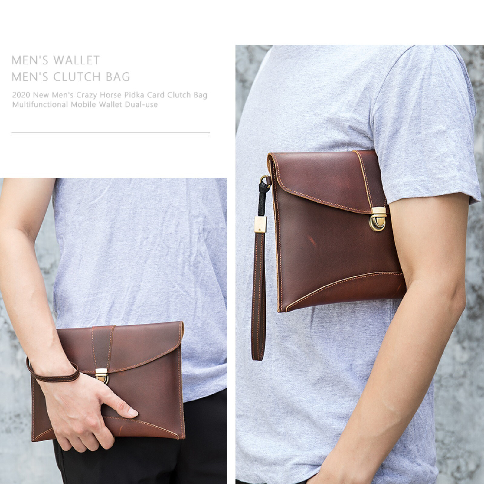Men’s Leather Clutch Bag with Wrist Strap Business Travel Pouch Workwear Bags Sz