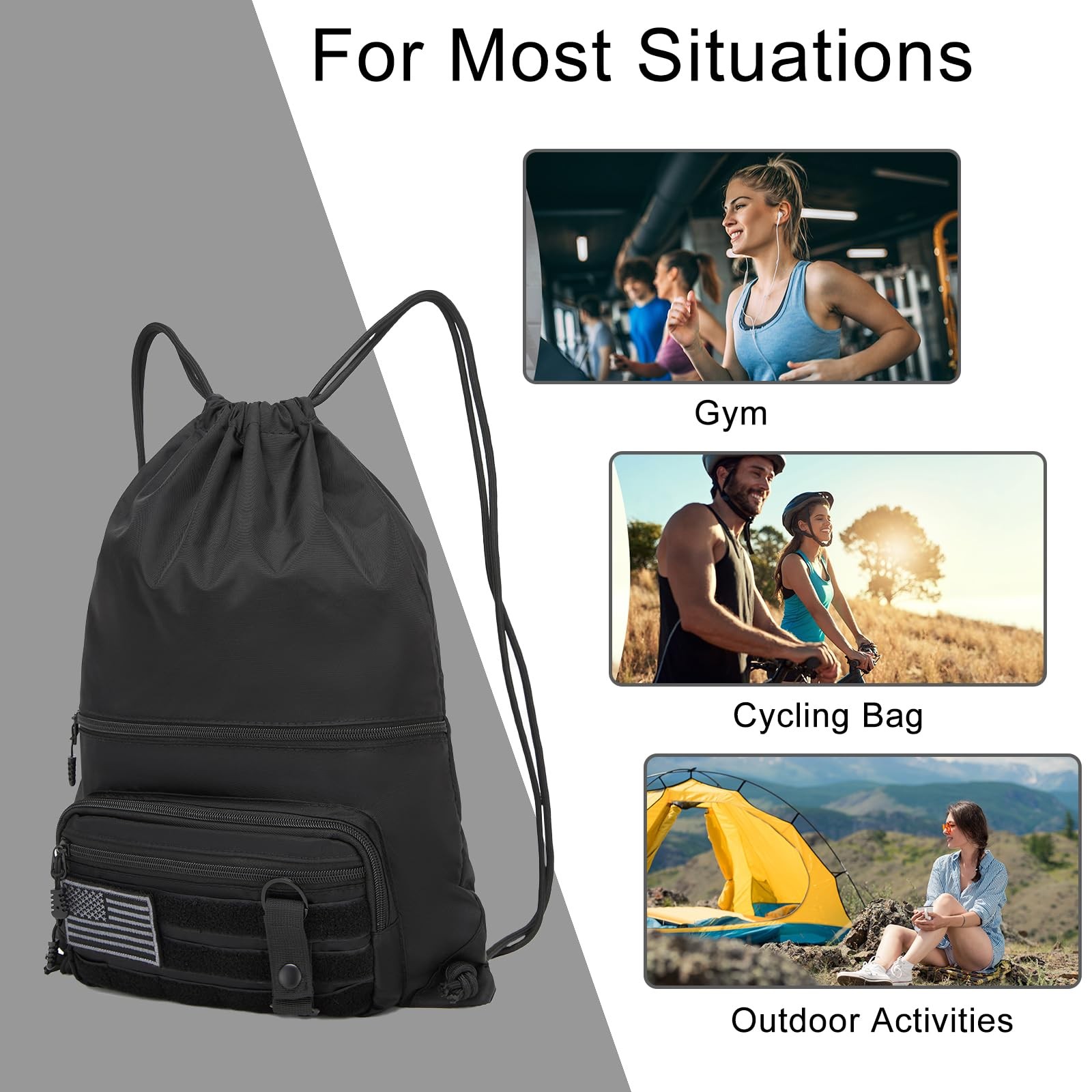Drawstring Backpack Tactical String Bag with Zipper Pockets Waterproof Cinch …