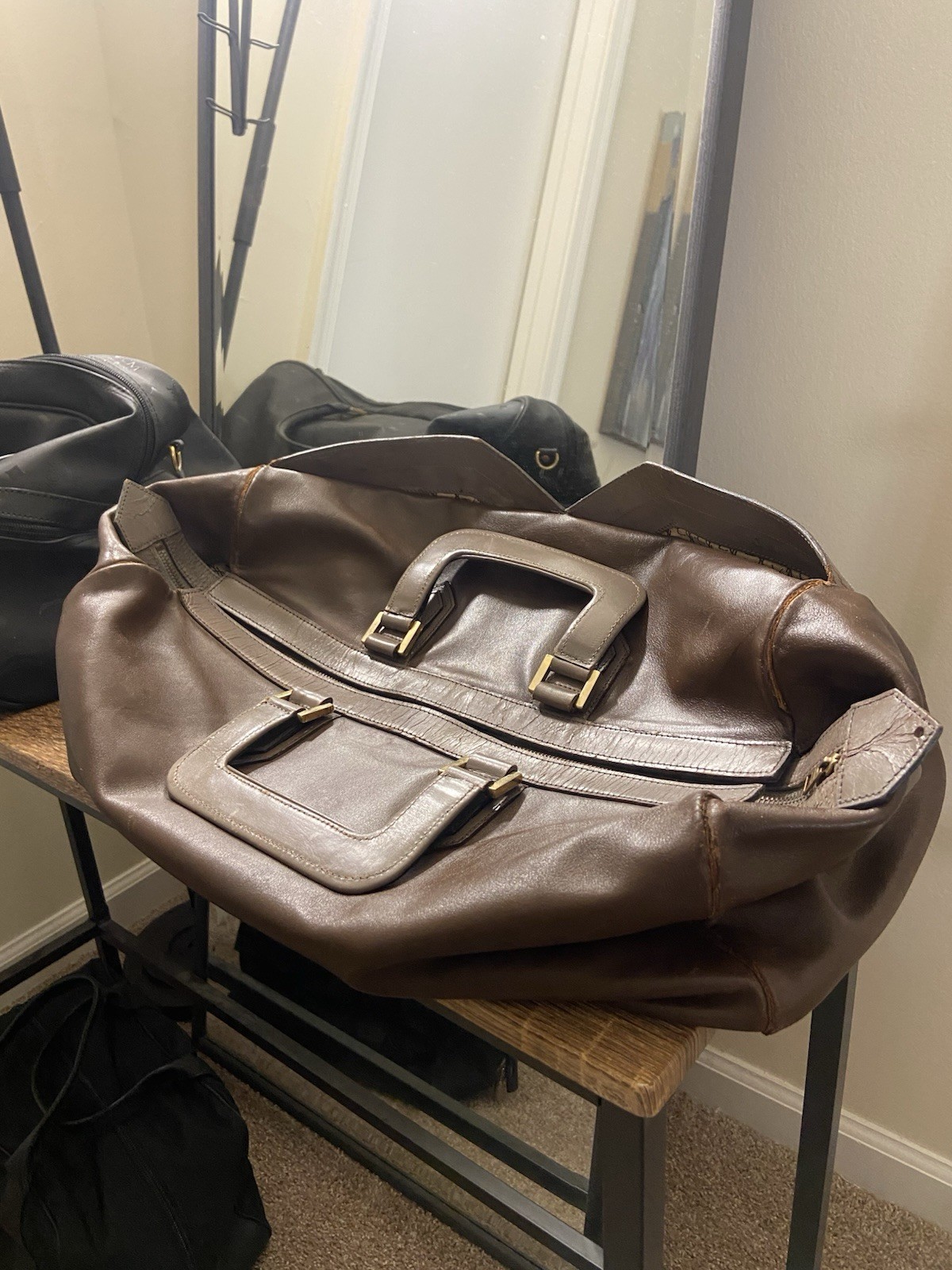 Thrashed YSL Saint Laurent Small Leather Boston Duffle Travel Bag, Poor Cond