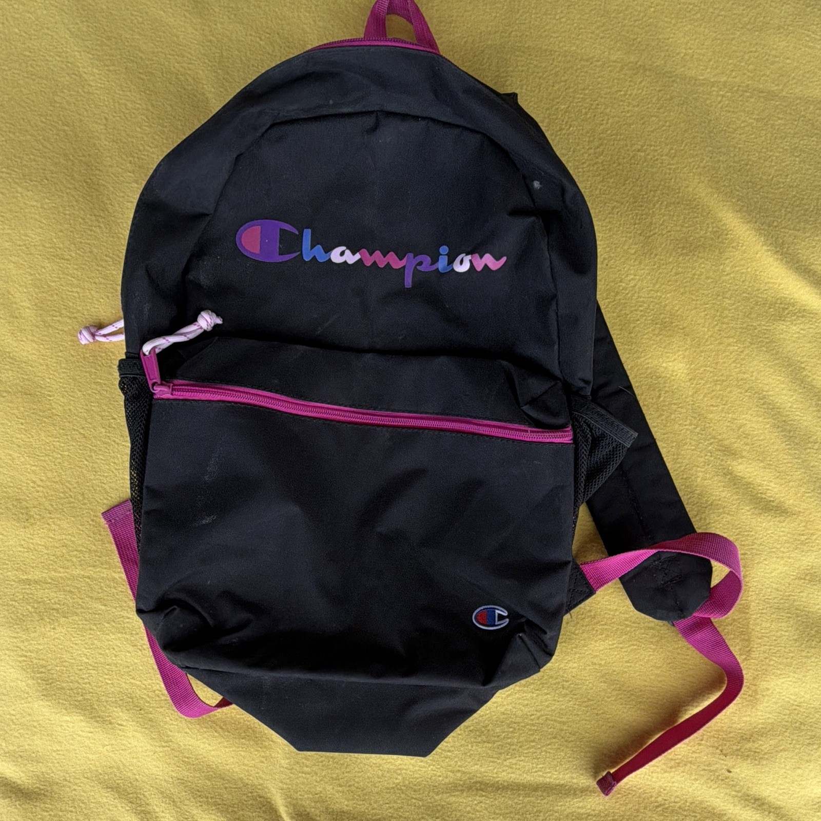 Champion Black Pink Purple Zip Backpack Adjustable Straps Outer Pockets