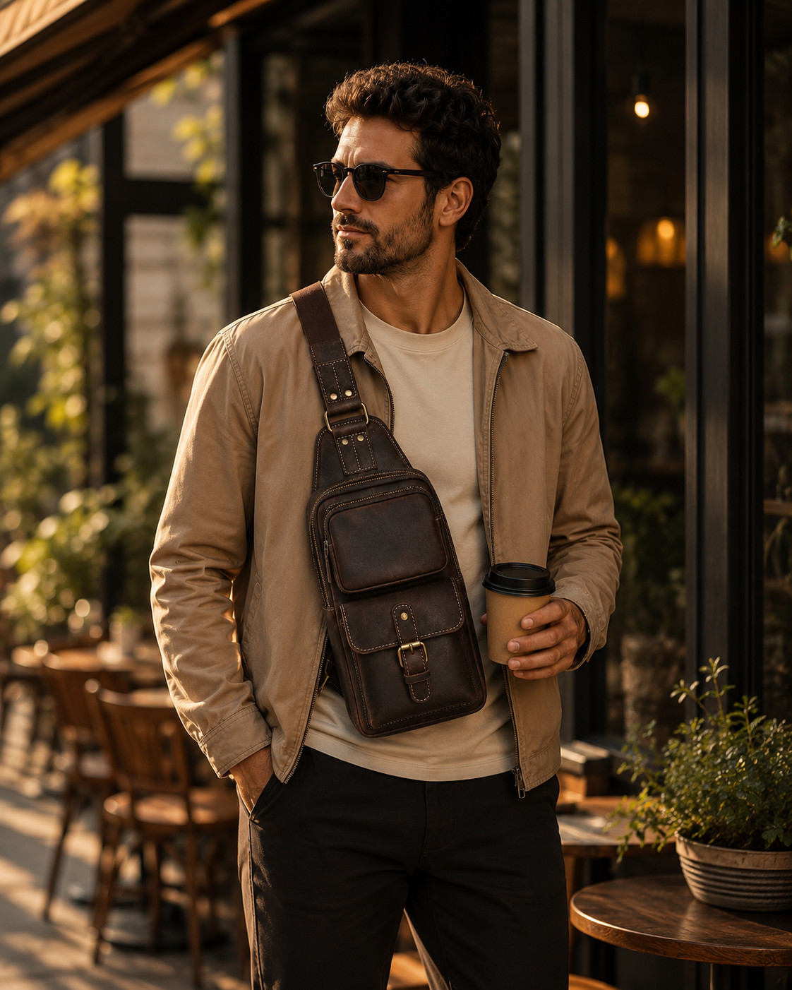 Vintage Leather Daypack Men Personalized Brown Shoulder Crossbody Sling Bag
