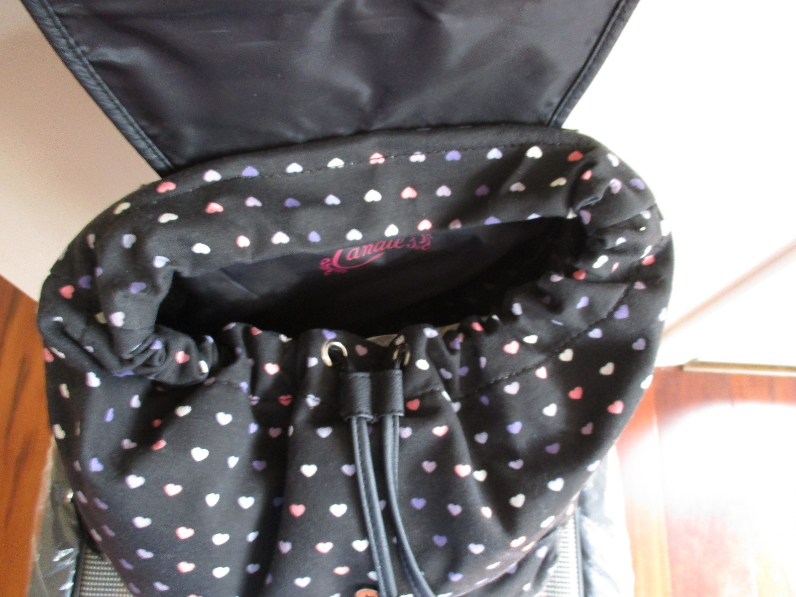 BNWT Candie’s Riley Mini Heart Patterned girls Backpack, blk/multi, Fabric, $60