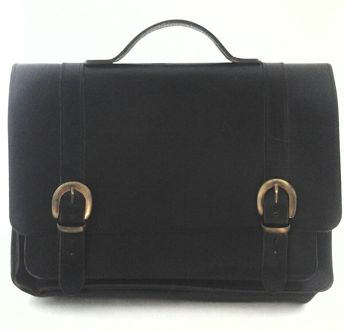 Vtg Greece Briefcase Laptop Bag Top Handle Genuine Leather Black Gold Buckles *