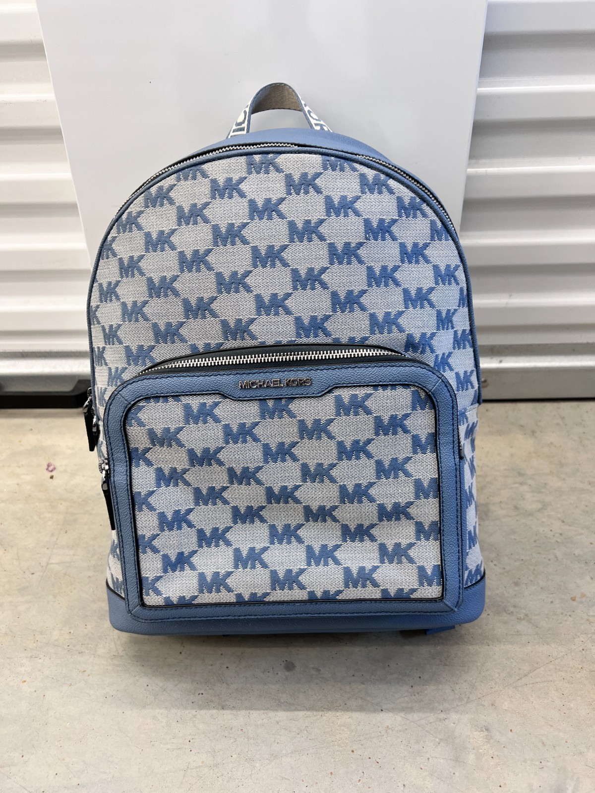 Michael Kors Cooper Bag Mens Large Blue Gray Logo Jacquard Commuter Backpack