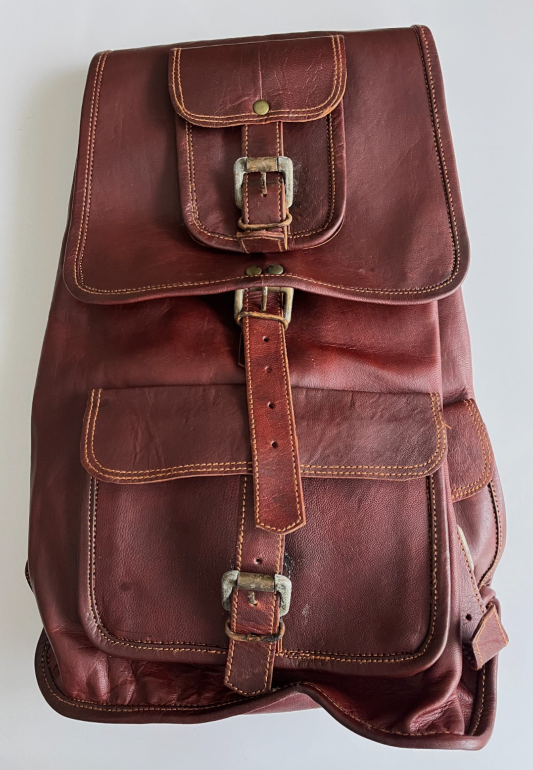 Brown Leather Rucksack Backpack with Drawstring, Flap & Buckle Closure (India)