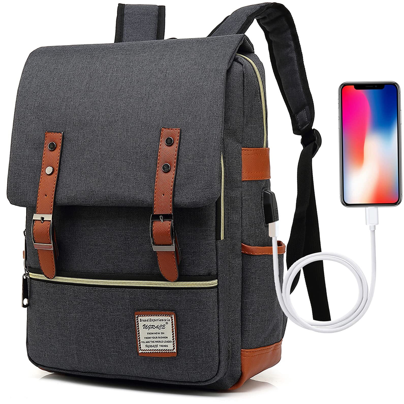 Vintage Laptop Backpack with USB Charging Port Fits Up to 15.6″ Laptop Black