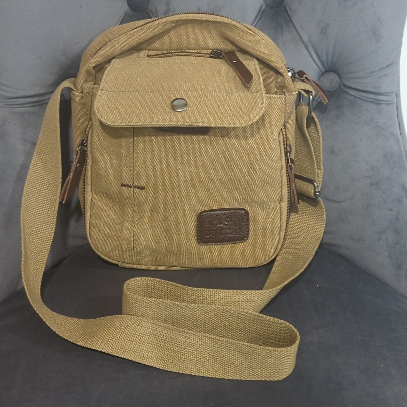 Oulilai Tan Solid Crossbody Bag Shoulder Strap Inner Pockets Zip/Button