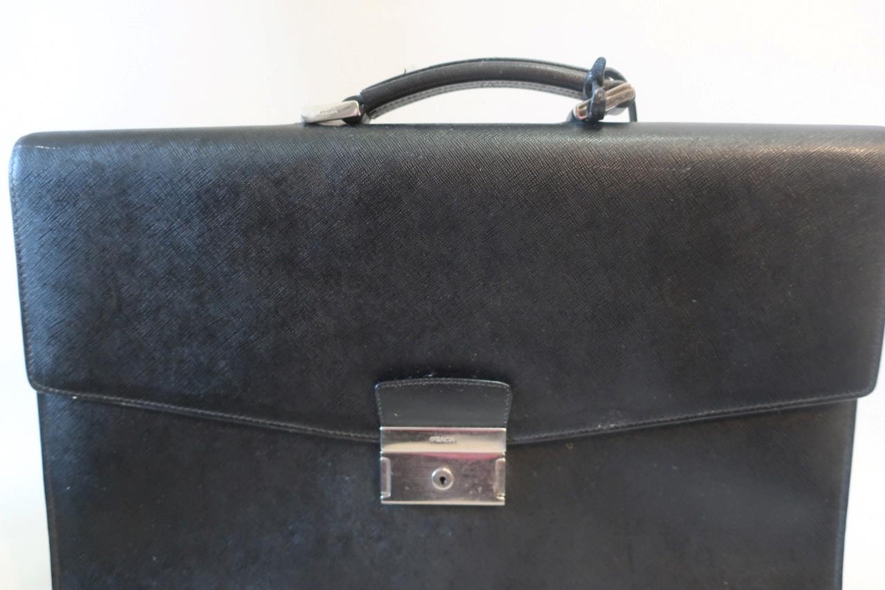 Authentic Mens Prada Saffiano Grained Leather Black Key Lock Cartella Briefcase