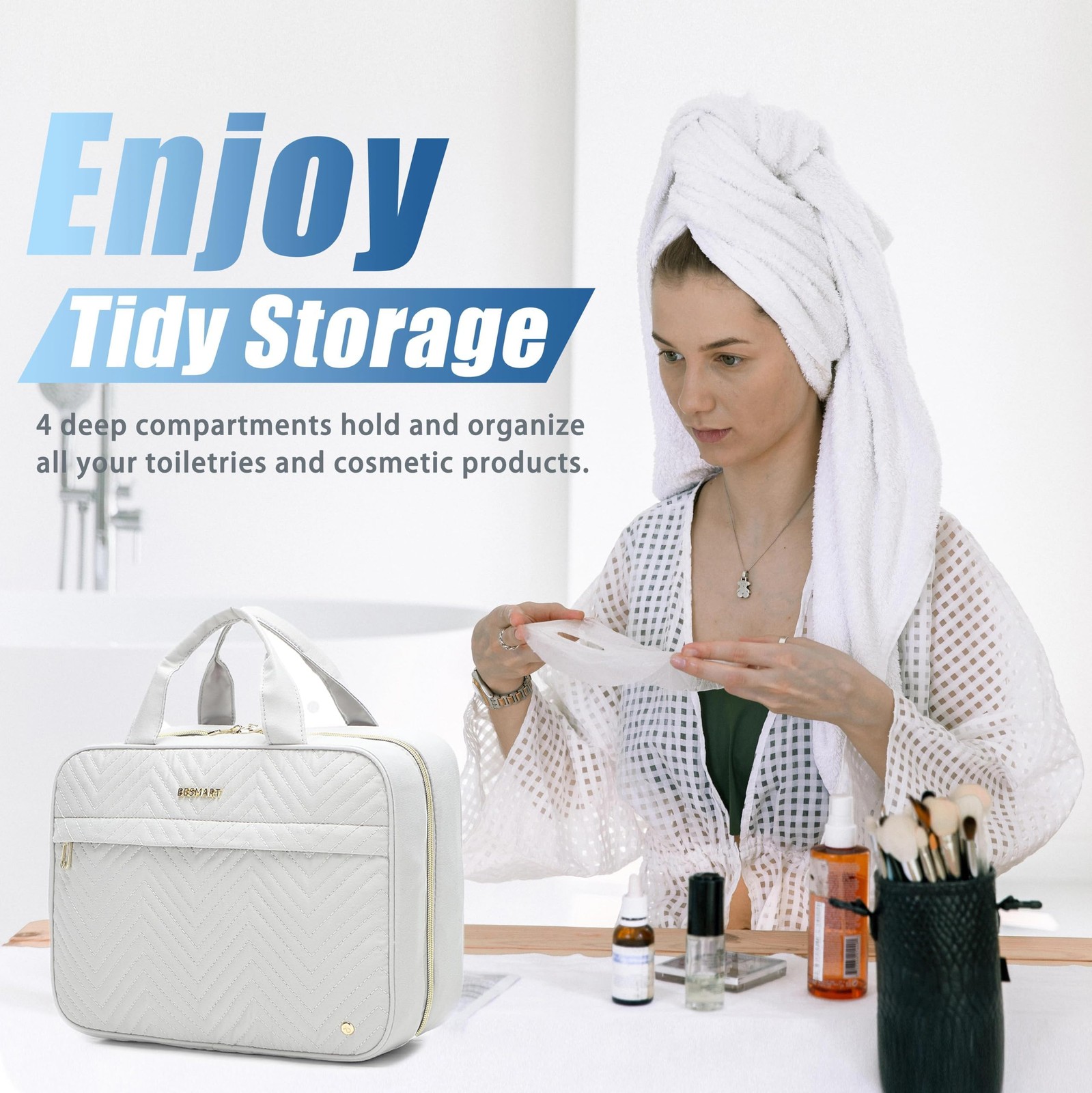 BESMART Waterproof Toiletry Bag Cosmetic 12.2 x 9.5 x 4.3 inches, Grey
