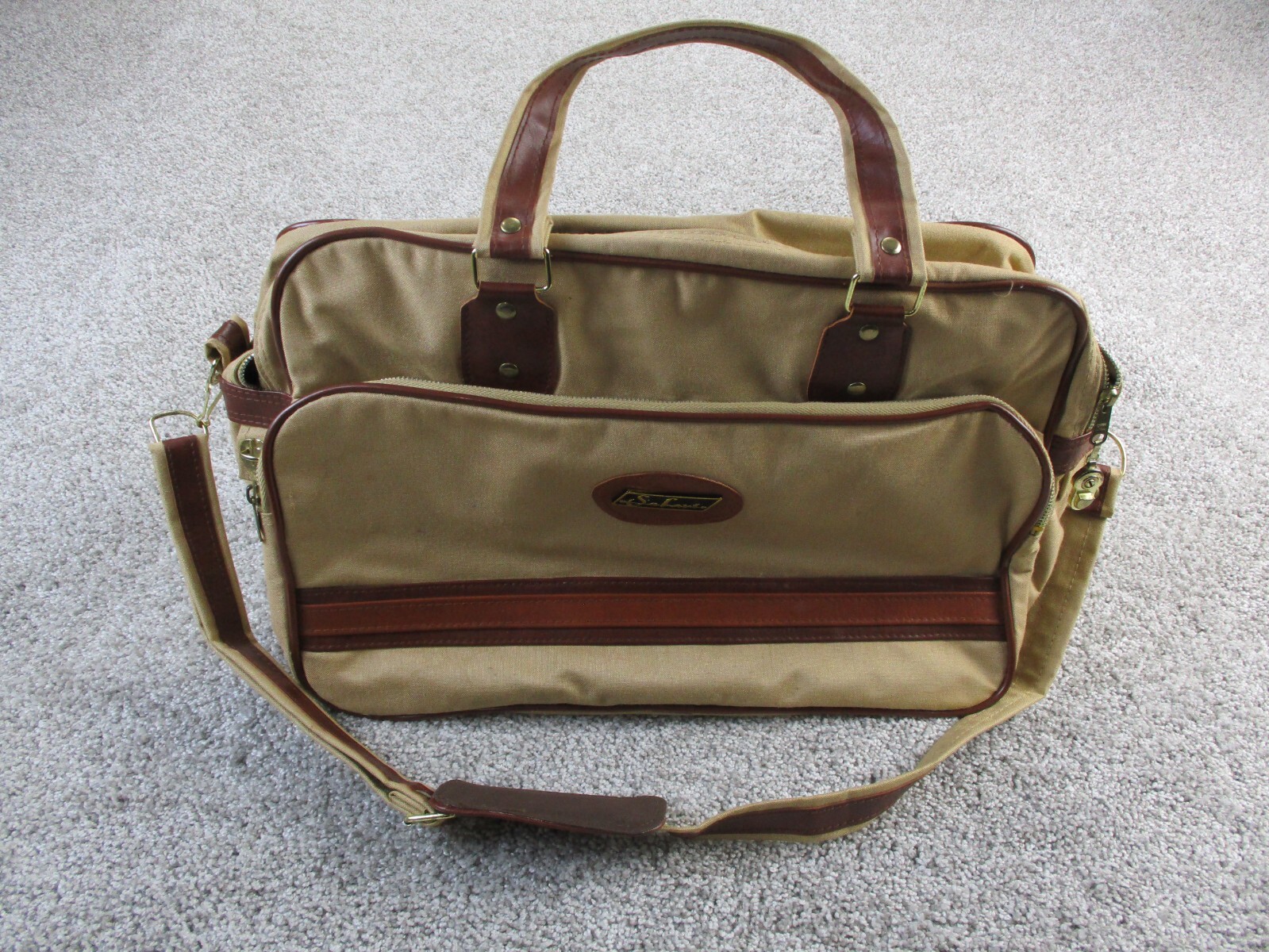 VINTAGE Safari Canvas Bag Khaki Carry On Top Handle Should Strap 70s 80s GUC