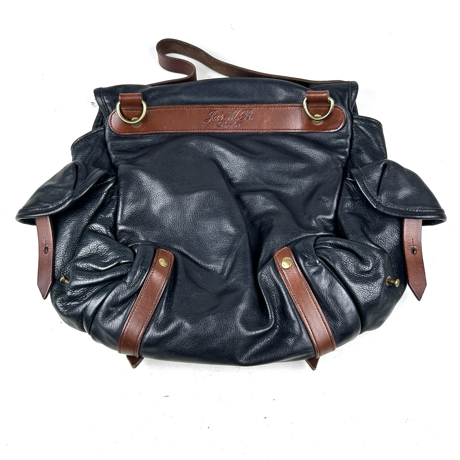 Jas M. B. London Vintage Leather Messenger Travel Shoulder Bag Black Brown