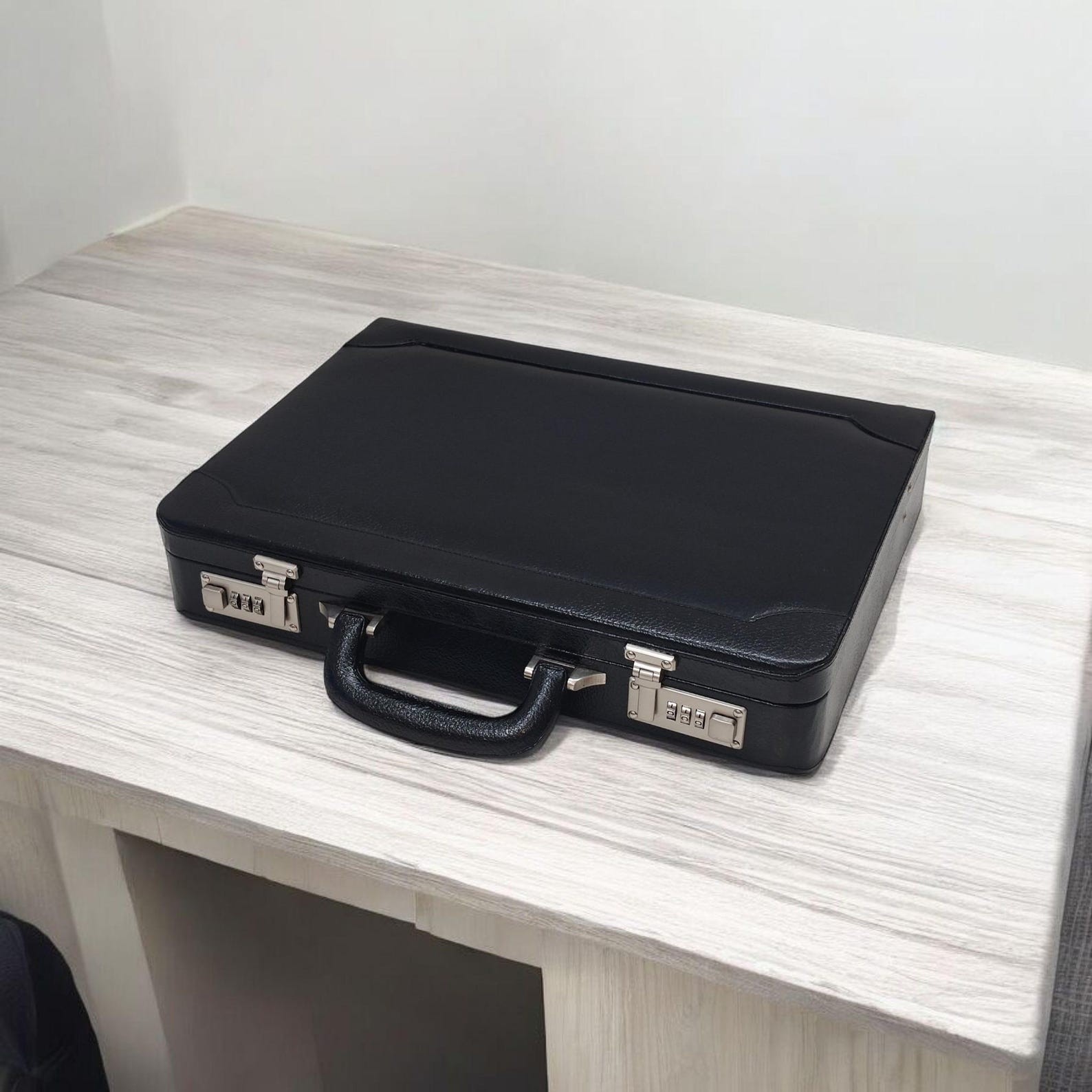 Genuine Leather Attache Briefcase, Structured Hard Case, Dual Combination Locks