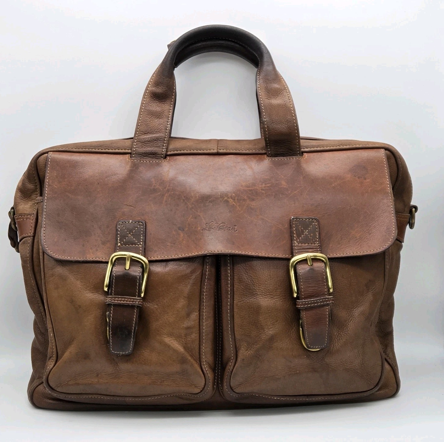 LL Bean Maine Traveler Messenger Bag Laptop 100% Distressed Leather Brown