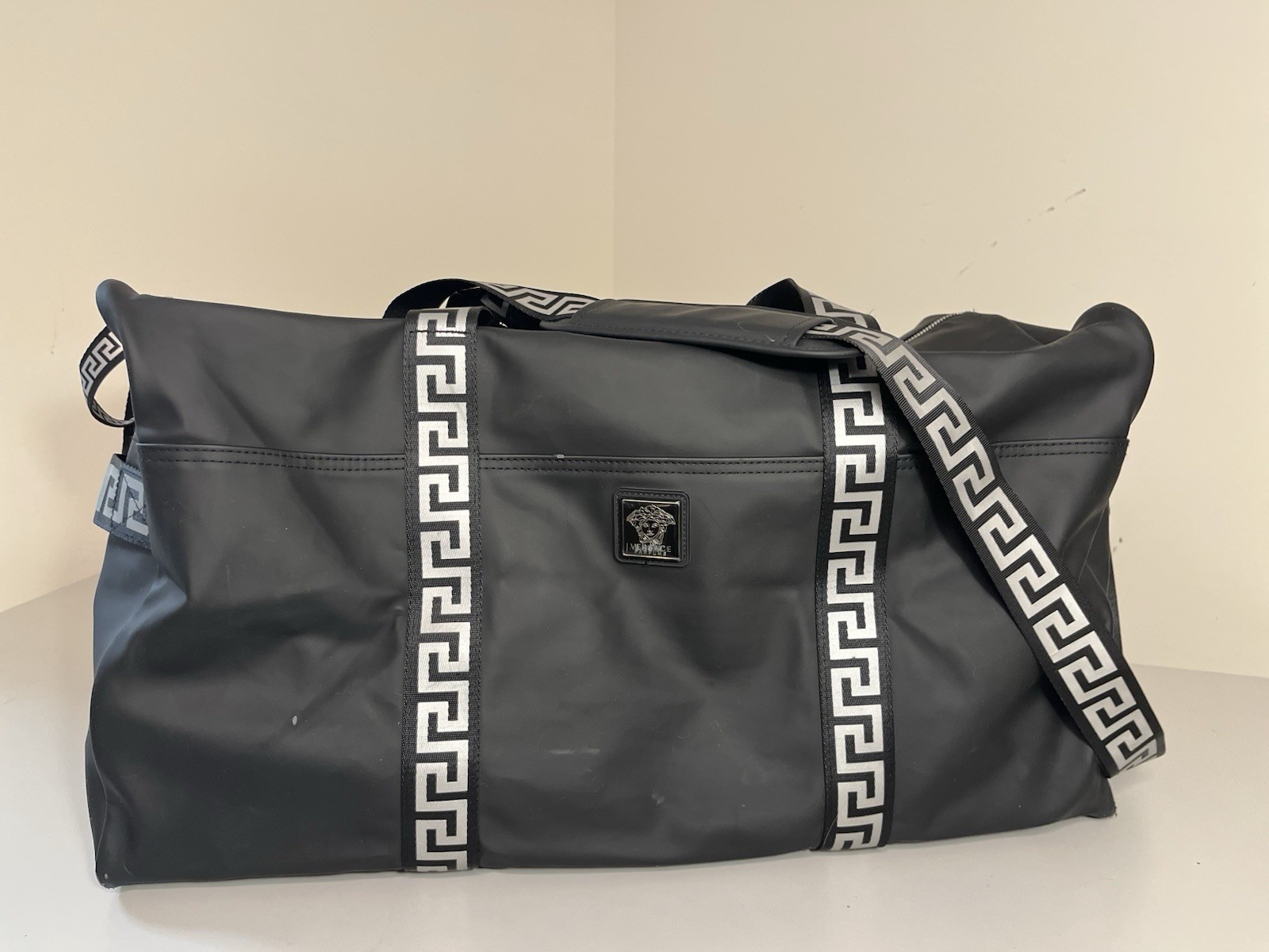 VERSACE black Overnight Duffle Bag With Strap Greek Key Pattern Weekender Bag