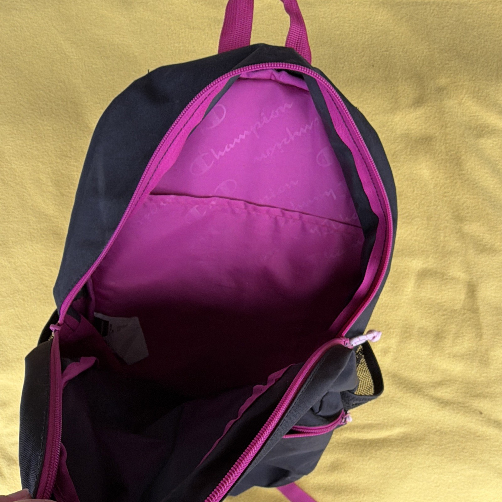 Champion Black Pink Purple Zip Backpack Adjustable Straps Outer Pockets