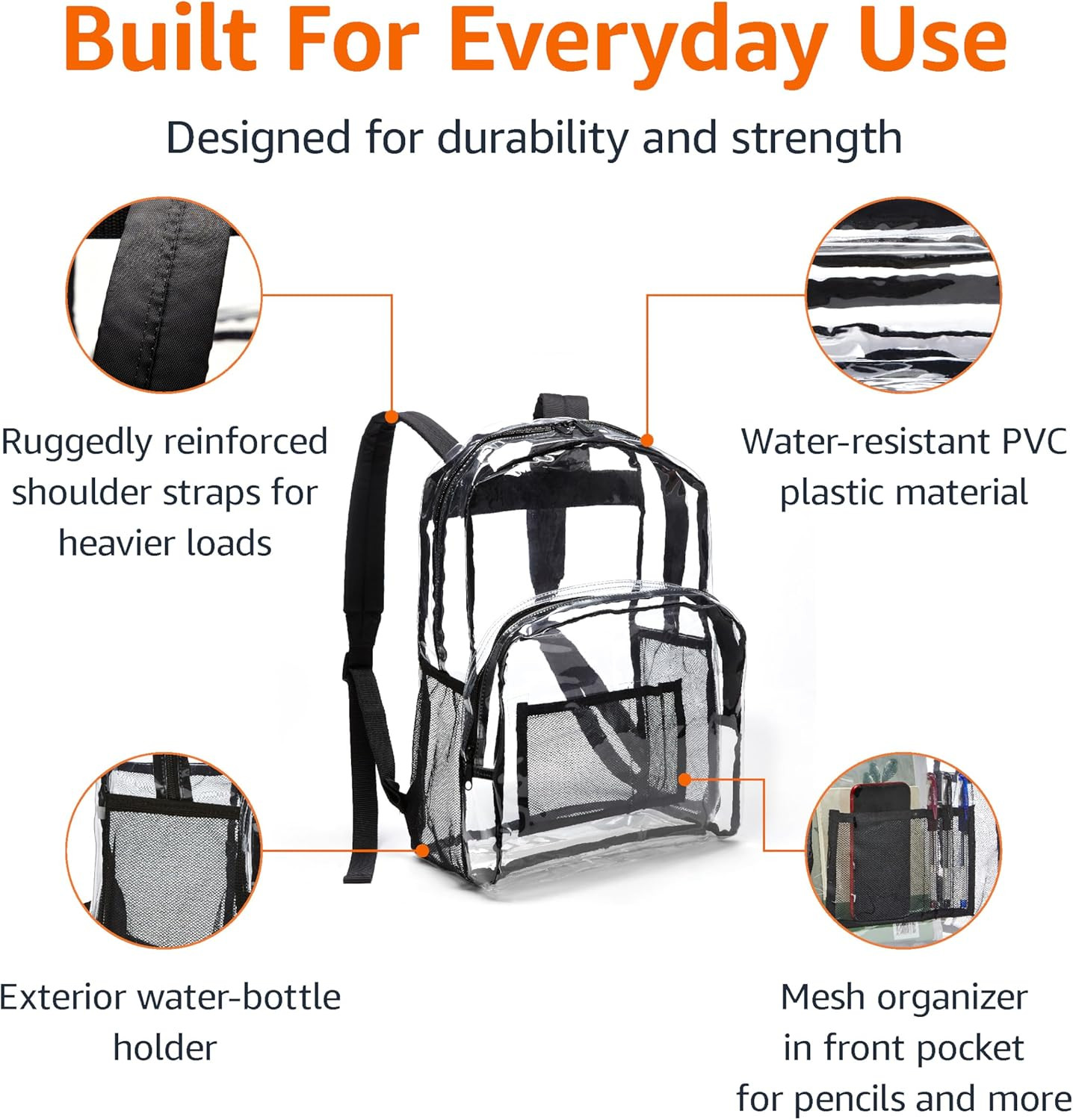 Transparent Clear School Backpack, Water-Resistant PVC Plastic, Reinforced Shoul