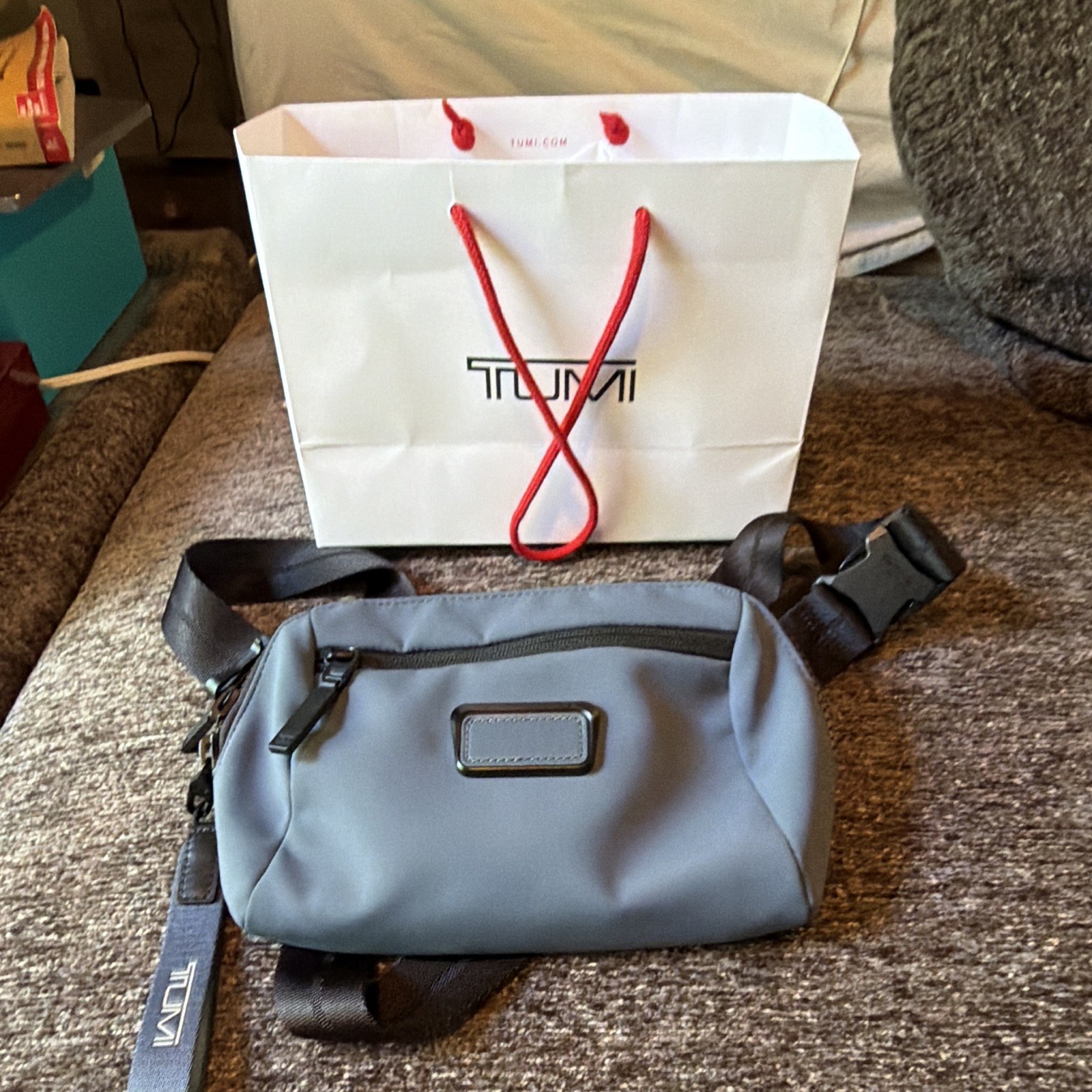 Tumi Gray/Black Belt Bag & Fanny Pack, Zip Closure, Adjustable Strap Men