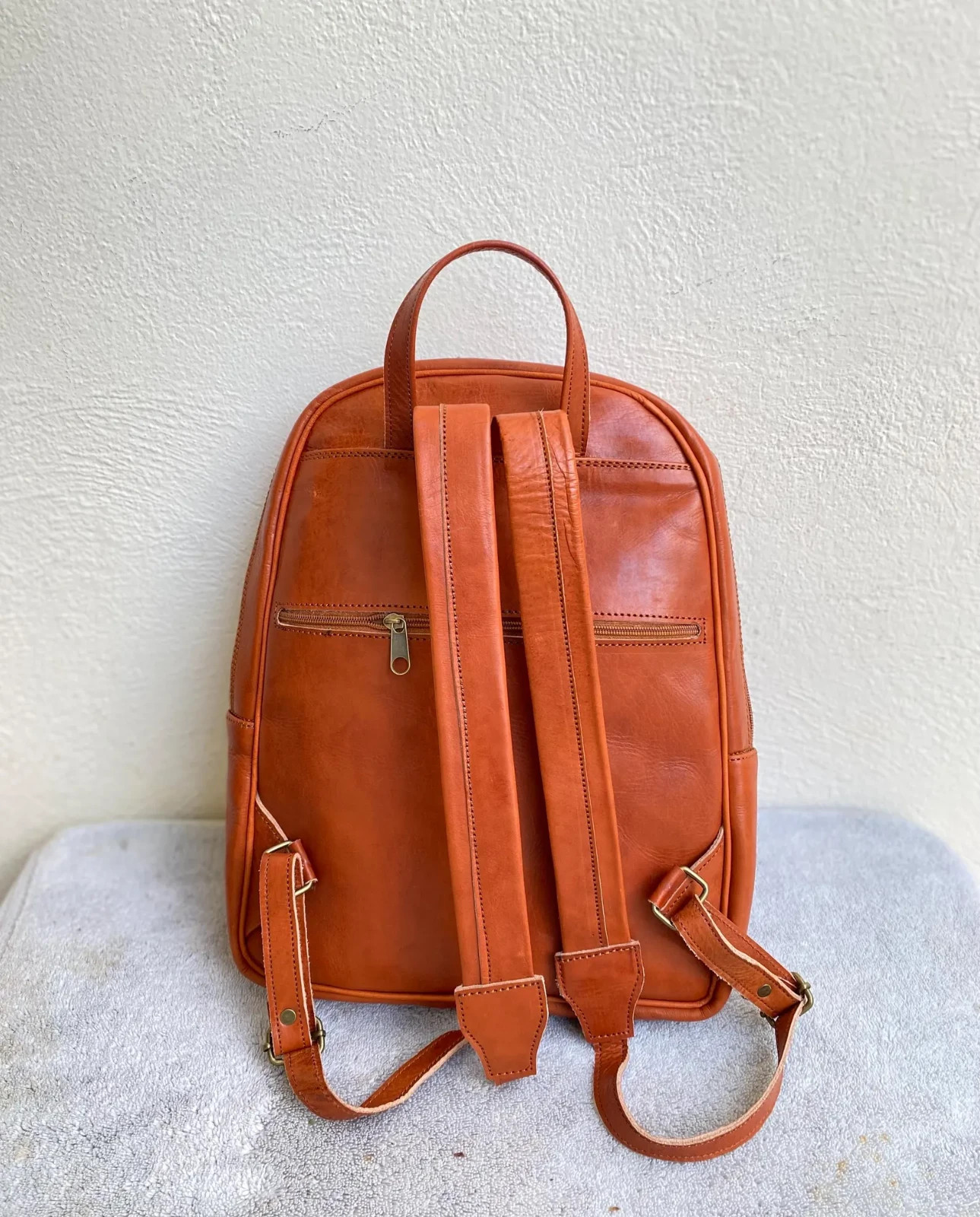 Handcrafted Genuine Leather Round Satchel Bag – Cognac | Double Front Pockets