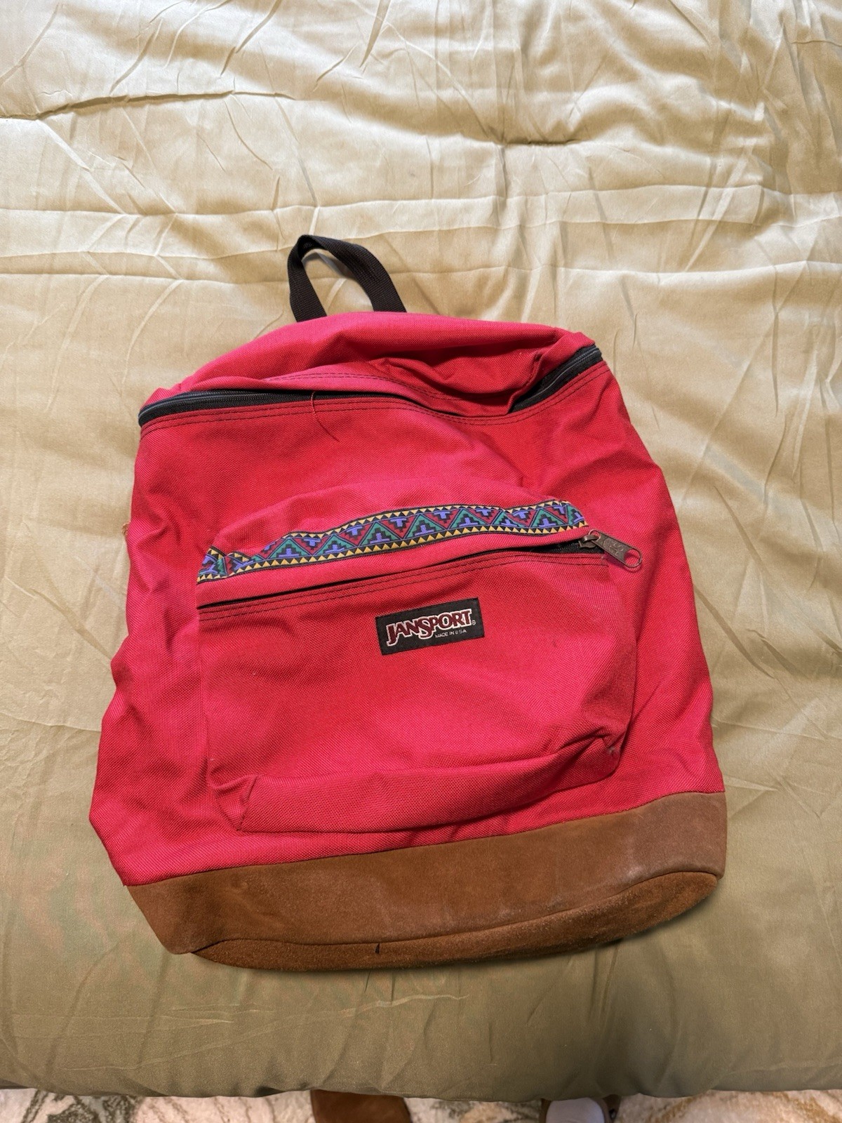 Vintage JanSport Backpack Red Aztec Suede Bottom Made in USA Classic Pack Y2K