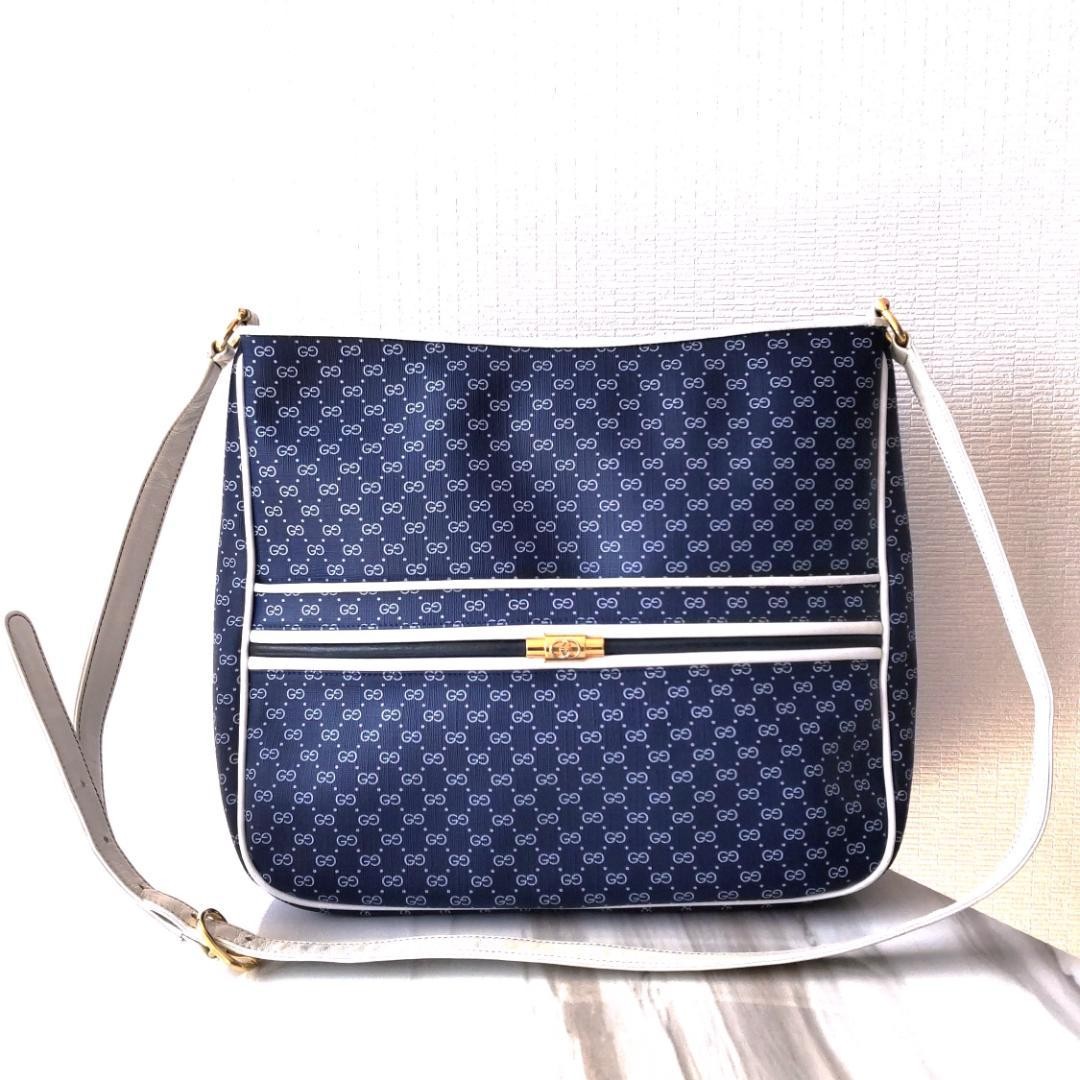 GUCCI Vintage Micro GG Canvas Crossbody Bag Navy Leather Trim EX