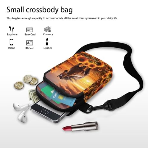 2 Layer Cat Print Crossbody Bags Polyester Horse Sunflower Sunset Brown