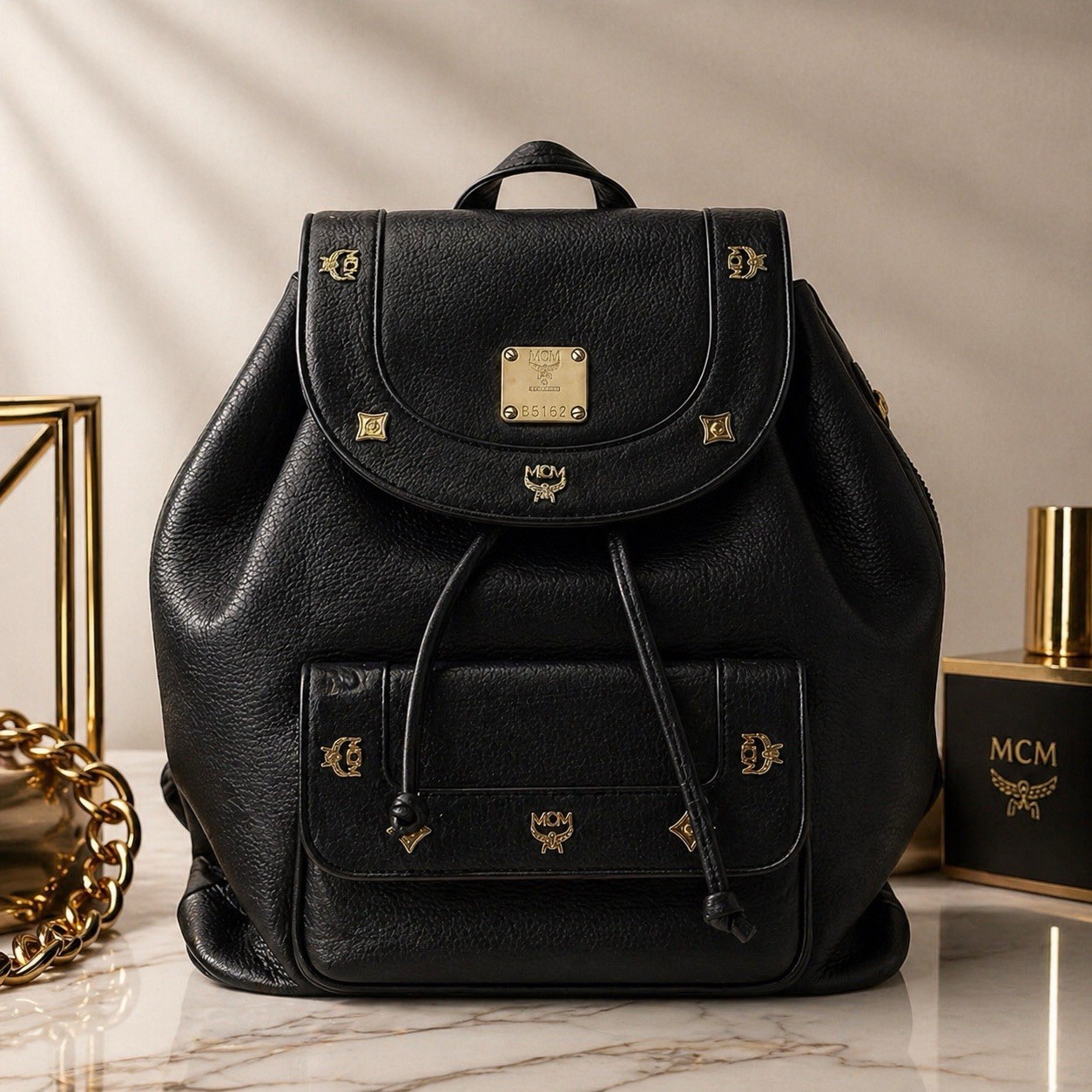 Authentic MCM Black Leather Studded Backpack Medium Drawstring Gold Hardware