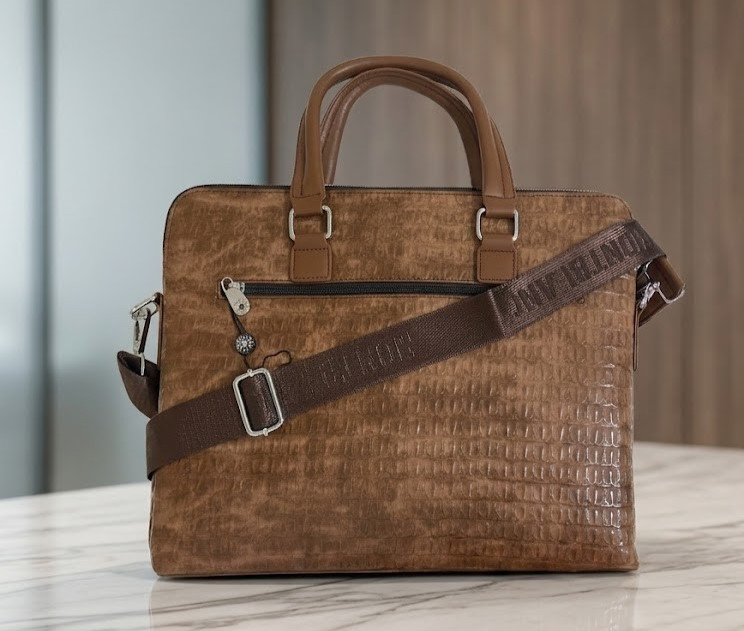 Luxury Montblanc Men’s Brown Crocodile Textured Leather Laptop Bag Briefcase